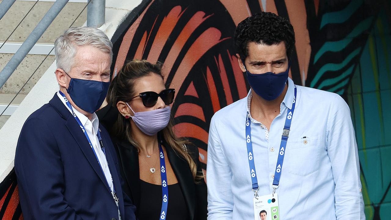 Tennis Australia boss Craig Tiley, left, watching Kyrios and Kokkinakis in action. Picture: Michael Klein