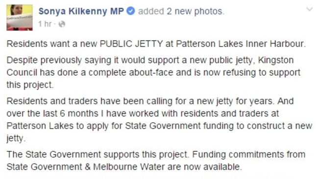 Carrum MP Sonya Kilkenny tees off on Kingston council over funding for the Patterson Lakes jetty.