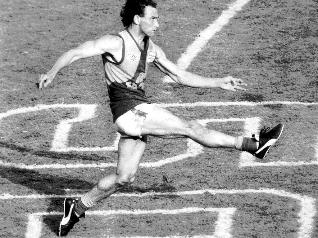 Peter Matera kicks scores from the 50 in the 1992 Grand Final. Picture: News Corp Australia