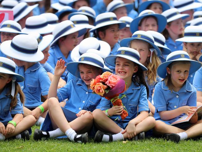 Katy Perry visits Mandeville Hall Girls School in Melbourne. Picture: Alex Coppel