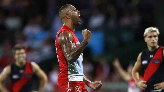 Lance Franklin kicked three goals in the Swans’ three-pooint win against Essendon. Picture: Ryan Pierse/AFL Photos/via Getty Images