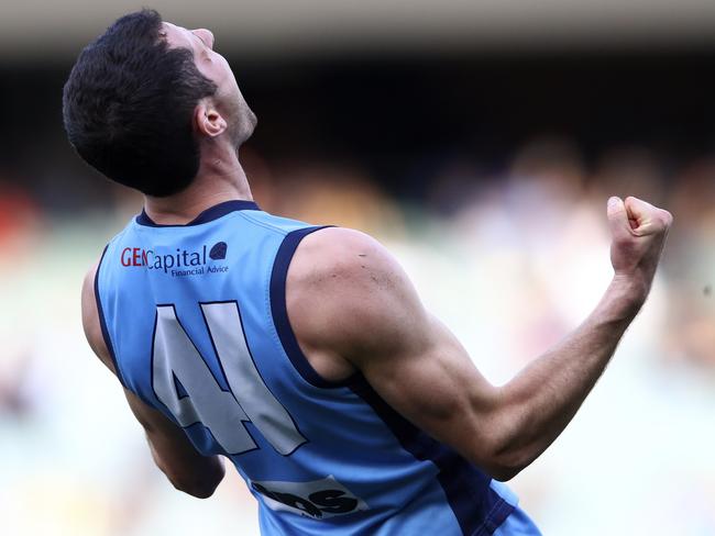 Sturt’s Matthew Crocker celebrates on the siren. Picture: SARAH REED