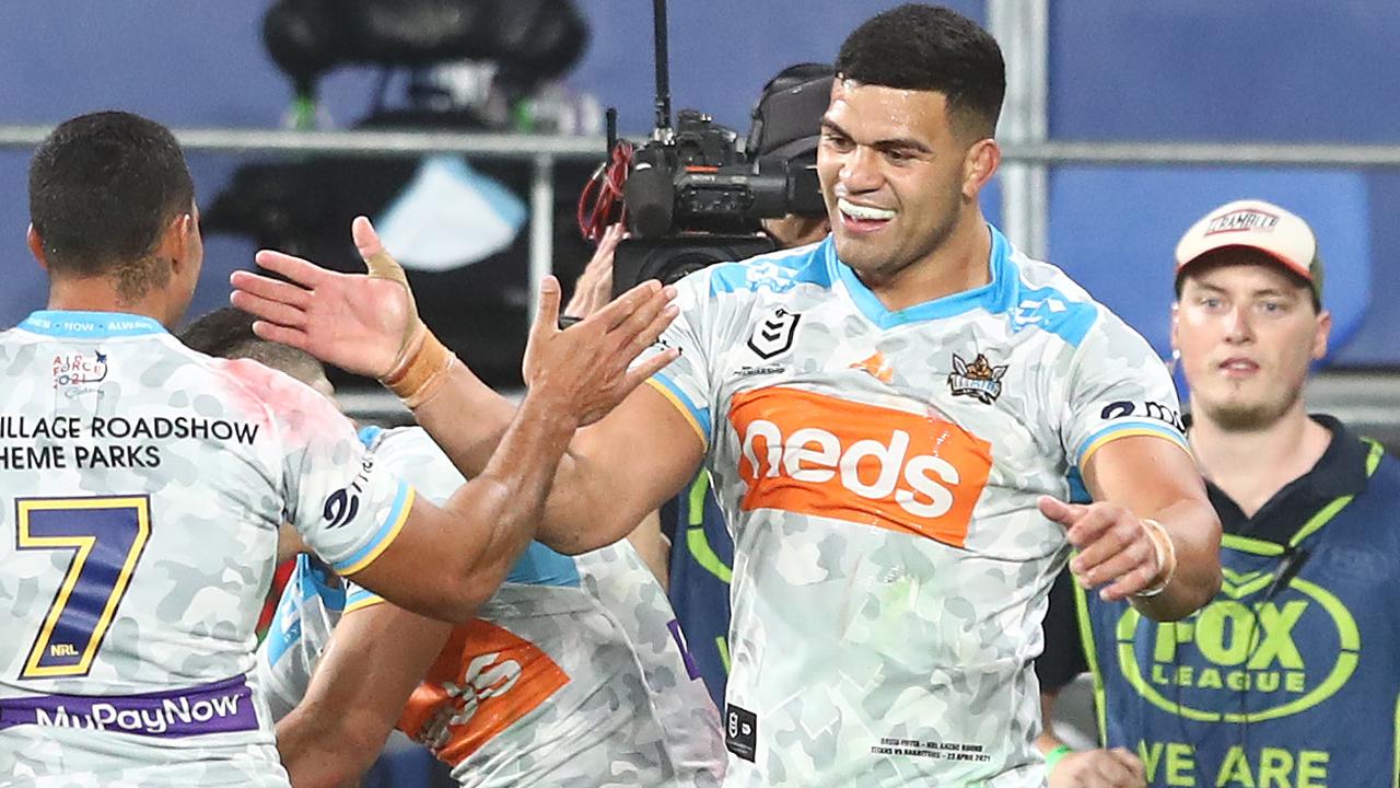 David Fifita of the Titans celebrates a try.