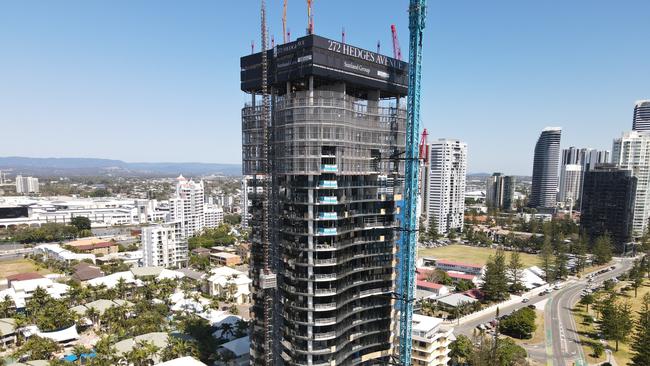 Aerial shots of Sunland Group's 272 Hedges Ave tower at Mermaid Beach which has reached the half-way point of construction