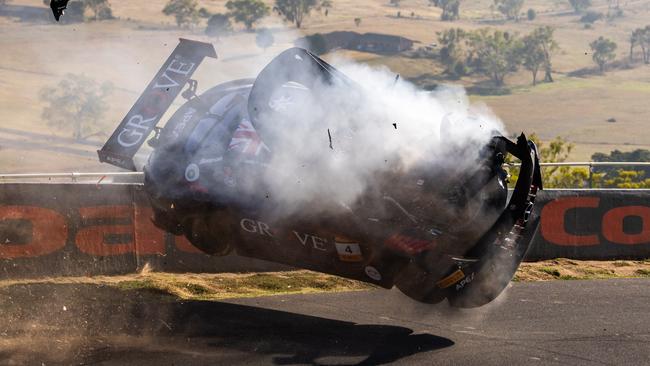 BATHURST, AUSTRALIA - FEBRUARY 02: Stephen Grove driver of the #4 Grove Racing Mercedes-AMG GT3 crashes during the Bathurst 12 Hour at Mount Panorama on February 02, 2025 in Bathurst, Australia. (Photo by Daniel Kalisz/Getty Images)