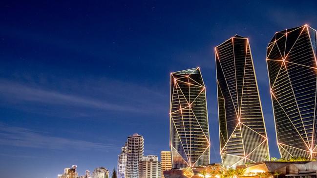 The Surfers Paradise Jewel towers lit up. Picture: LUKE MARSDEN PHOTO