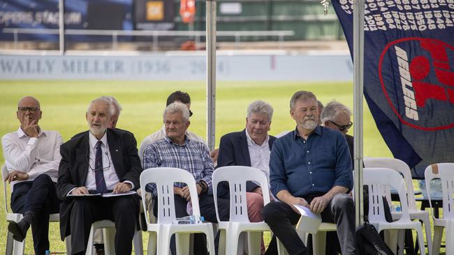 Neil Balme speaks at the Memorial Service for Walter Miller OAM at Norwood Oval. Picture: Kelly Barnes