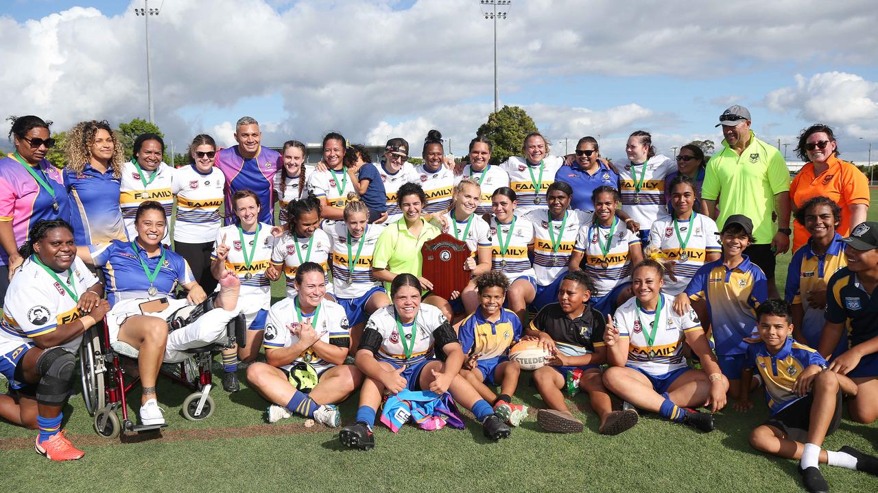 The Cairns Kangaroos women's side celebrate winning the 2021 Cairns District Rugby League Women's (CDRLW) grand final match over the Ivanhoe Maidens at Barlow Park. Picture: Brendan Radke