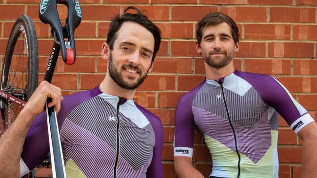 Adelaide cyclist Tom Chapman (right) will ride with professional team Katusha Sports and Nathan Haas during the Bay Crits this week. Picture: Laura Fletcher.