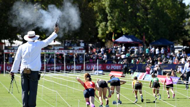 Runners take off in the Semis of the Little Athletic Girls 100m during the 2018 Stawell Gift