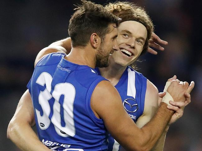 MELBOURNE, AUSTRALIA - APRIL 22: Ben Brown of the Kangaroos (right) celebrates a goal with Jarrad Waite of the Kangaroos during the 2018 AFL round five match between the North Melbourne Kangaroos and the Hawthorn Hawks at Etihad Stadium on April 22, 2018 in Melbourne, Australia. (Photo by Adam Trafford/AFL Media/Getty Images)