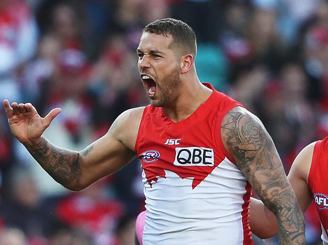 Sydney's Lance Franklin celebrates kicking a goal during AFL Elimination Final match between the Sydney Swans and Essendon Bombers at the SCG. Picture. Phil Hillyard