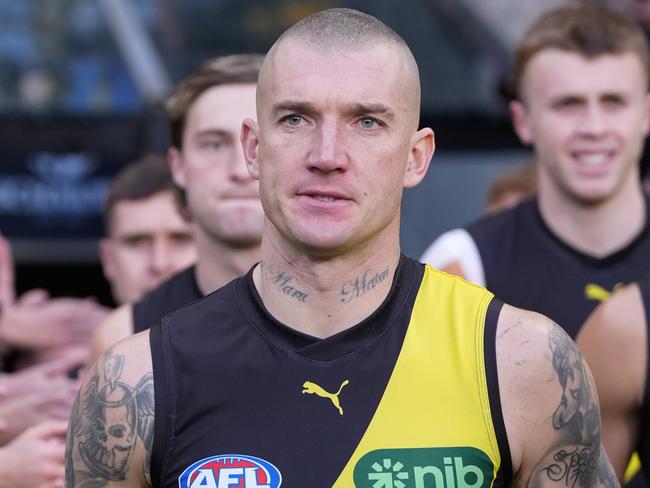 MELBOURNE, AUSTRALIA - JUNE 30: Dustin Martin of the Tigers runs out with the team during the round 16 AFL match between Richmond Tigers and Carlton Blues at Melbourne Cricket Ground, on June 30, 2024, in Melbourne, Australia. (Photo by Daniel Pockett/Getty Images)