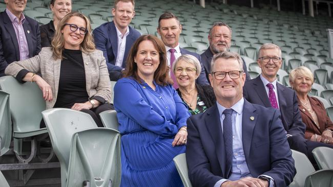 TFC AFL Club Inaugural Board of Directors, Chair Grant O'Brien with (Club Ambassador) Julie Kay, James Henderson, Kathy Schaefer, Alastair Lynch, Kath McCann, Alicia Leis, Roger Curtis, (Club Ambassador) Jack Riewoldt, Graeme Gardner and Laura McBain at UTAS Stadium. Picture: Chris Kidd