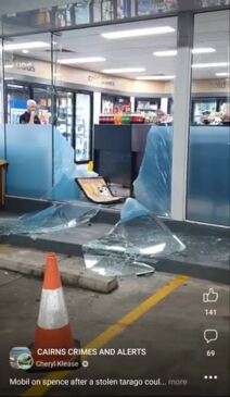 A vehicle crashed into the Mobil convenience store in Cairns before racing away on December 19, 2022. Video courtesy Cheryl Klease