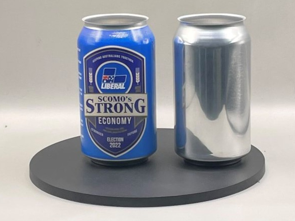 A beer can was made by a local cannery for Scott Morrison's campaign. Picture: The Australian