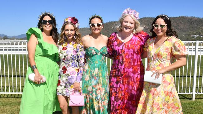 Ladies Day socials at Cluden. Sally Butler, Ebony McKillop, Kristy Calvert, Manta Townsend and Katy Marhin. Picture: Evan Morgan