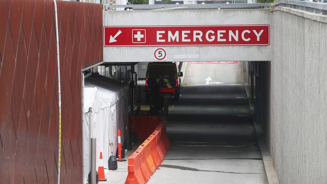 Ambulances who deliver patients to the Royal Hobart Hospital have had less space in the ambulance bay due to tents erected for COVID patients, which are now being moved inside the hospital. Picture: Nikki Davis-Jones.