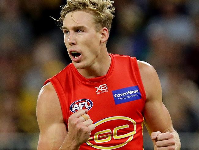 PERTH, WESTERN AUSTRALIA - APRIL 14:  Tom Lynch of the Suns celebrates after scoring a goal during the round four AFL match between the West Coast Eagles and the Gold Coast Suns at Optus Stadium on April 14, 2018 in Perth, Australia.  (Photo by Will Russell/AFL Media/Getty Images)