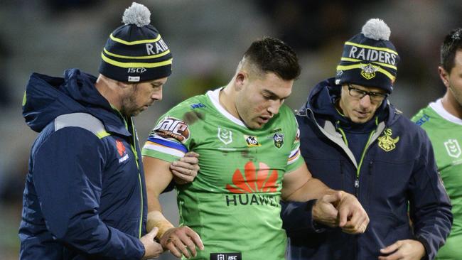 Nick Cotric after injuring his ankle against Cronulla.