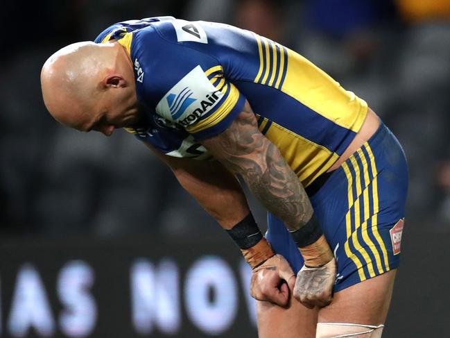 Dejected Blake Ferguson during NRL match between the Parramatta Eels and South Sydney Rabbitohs at Bankwest Stadium. Picture. Phil Hillyard