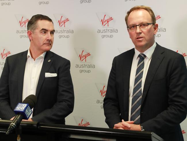 Virgin Australia chief Paul Scurrah and administrator Vaughan Strawbridge of Deloitte. Picture: John Feder