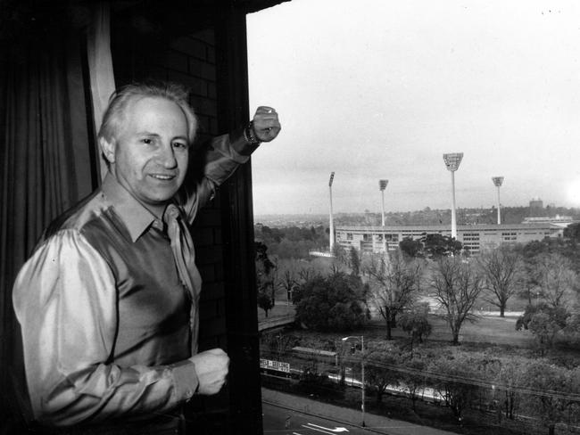 Geoff Edelsten overlooking the MCG from the Hilton Hotel the day of his first match as Swans owner.