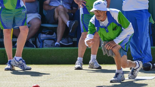 Geoffrey Collins in action for West Lakes during the Premier League bowls grand final against Adelaide at the weekend. Picture: AAP/Brenton Edwards