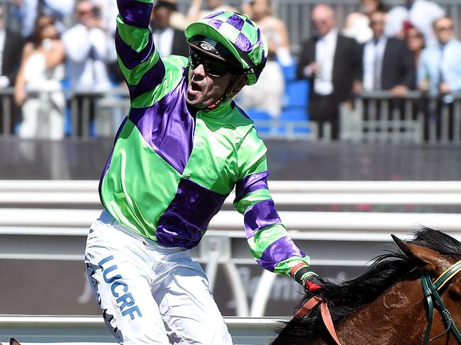 Dean Yendall wins on I am A Star in the Myer Classic, Race 6 Derby Day Races Flemington Racecourse. Picture: Nicole Garmston