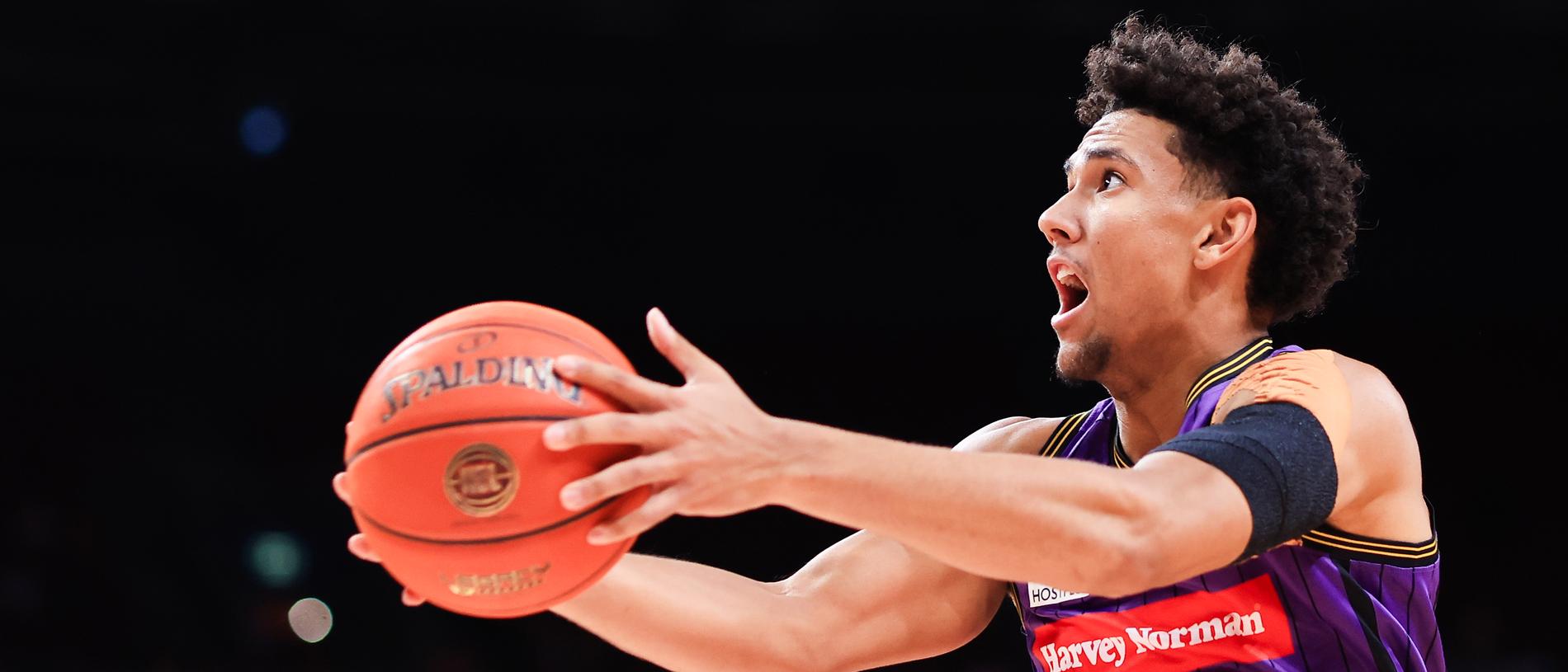 SYDNEY, AUSTRALIA - DECEMBER 29: Jaylin Galloway of the Kings drives to the basket during the round 13 NBL match between Sydney Kings and Cairns Taipans at Qudos Bank Arena, on December 29, 2023, in Sydney, Australia. (Photo by Mark Evans/Getty Images)