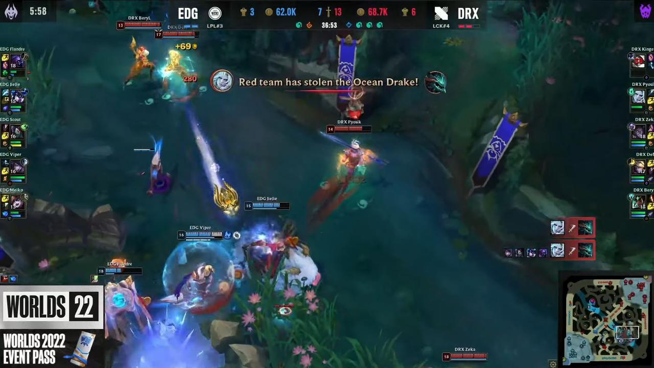 DRX (red team) stealing Dragon from under EDG’s noses was the game-winning play. Picture: Riot Games