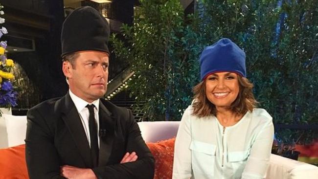 Karl Stefanovic and Lisa Wilkinson wearing beanies on this morning’s Today show.