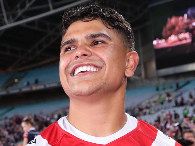 SYDNEY, AUSTRALIA - OCTOBER 06: Latrell Mitchell of the Roosters celebrates victory with fans after the 2019 NRL Grand Final match between the Canberra Raiders and the Sydney Roosters at ANZ Stadium on October 06, 2019 in Sydney, Australia. (Photo by Matt King/Getty Images)