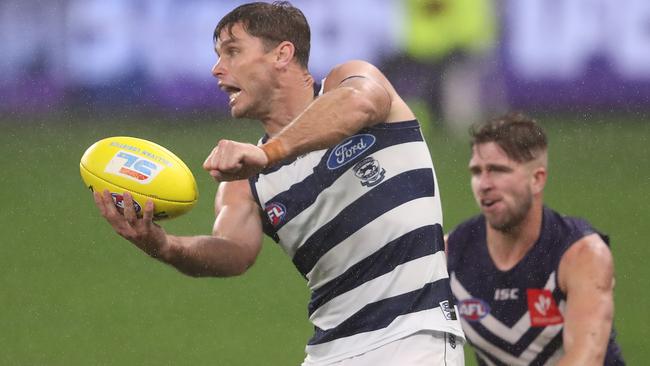 Power forward Tom Hawkins was the only multiple goalkicker on the ground with three. Picture: Getty Images