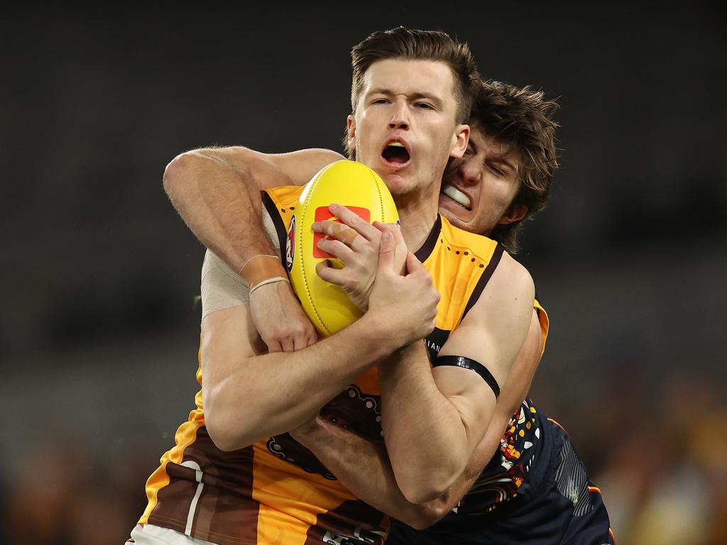 Mitch Lewis of the Hawks is expected to miss round one after spraining his ACL at training. Picture: Robert Cianflone/Getty Images