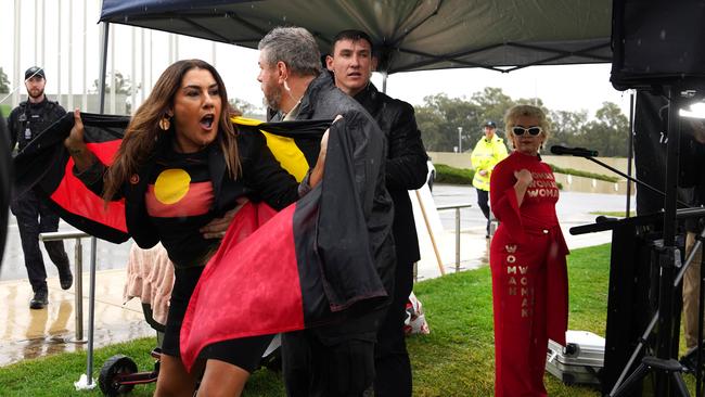 Lidia Thorpe is manhandled during a Canberra rally held by British anti-trans rights activist Kellie-Jay Keen, right. Picture: AAP