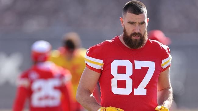 Travis Kelce warms up during Kansas City Chiefs practice ahead of Super Bowl LVIII. Picture: Jamie Squire/Getty Images