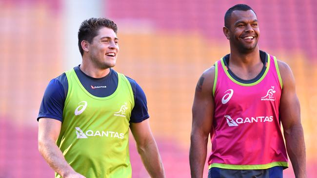 James O’Connor and Kurtley Beale at Wallabies training at Suncorp Stadium on Tuesday. Picture: AAP Image/Darren England