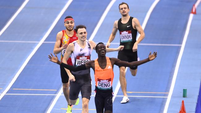 Joseph Deng of Australia celebrates as he wins the men's 800 Metres race during the Muller Indoor Grand Prix IAAF World Indoor Tour event at Arena Birmingham on February 16, 2019 in Birmingham, England. (Photo by Nathan Stirk/Getty Images)