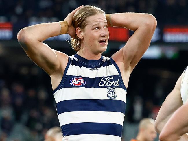 MELBOURNE, AUSTRALIA - JUNE 21: Sam De Koning of the Cats looks dejected after a loss during the 2024 AFL Round 15 match between the Carlton Blues and the Geelong Cats at The Melbourne Cricket Ground on June 21, 2024 in Melbourne, Australia. (Photo by Michael Willson/AFL Photos via Getty Images)