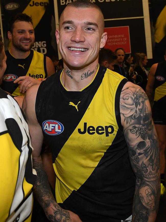 Will he stay or will he go? Dustin Martin was all smiles after the weekend’s game, but he has plenty on his mind right now. Picture: AAP