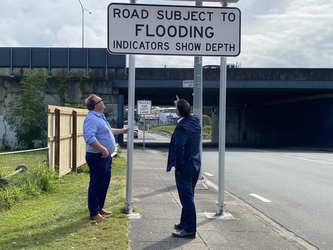 Brisbane Lord Mayor Adrian Schrinner and Council chair of infrastructure, Andrew Wines, launch 15 new LED road closure signs ahead of the expected back-to-back floods. Picture: Taylah Fellows