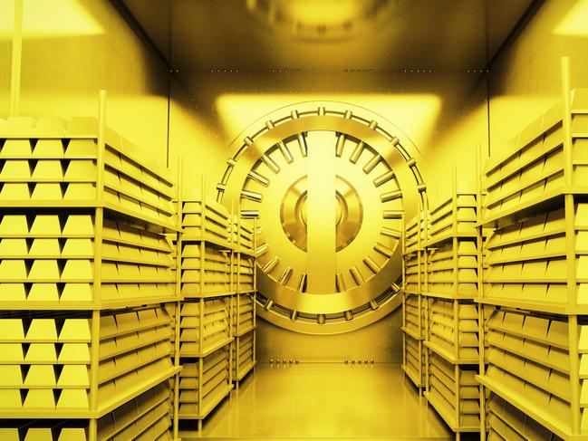 Golden bank vault with gold bars. 3D Render