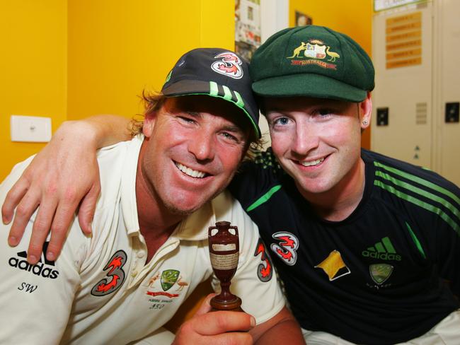 Shane Warne (left) and Michael Clarke with the Ashes trophy at the end of the Australia v England 3rd Ashes Test at the WACA in Perth, Western Australia.