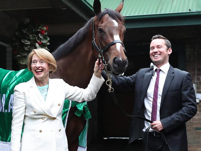 Trainers Gai Waterhouse and Adrian Bott with their horse English and Gai's dog Bello ahead of The Everest race this week at Randwick, Sydney. Picture: Brett Costello