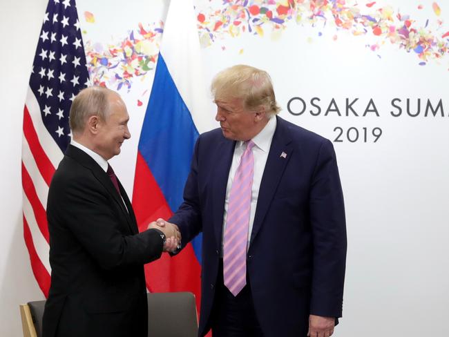 It’s the first time the two leaders have met since their meeting in Finland when the US leader appeared to side with Russia over his own intelligence services. Picture: Mikhail Klimentyev, Sputnik, Kremlin Pool Photo via AP.