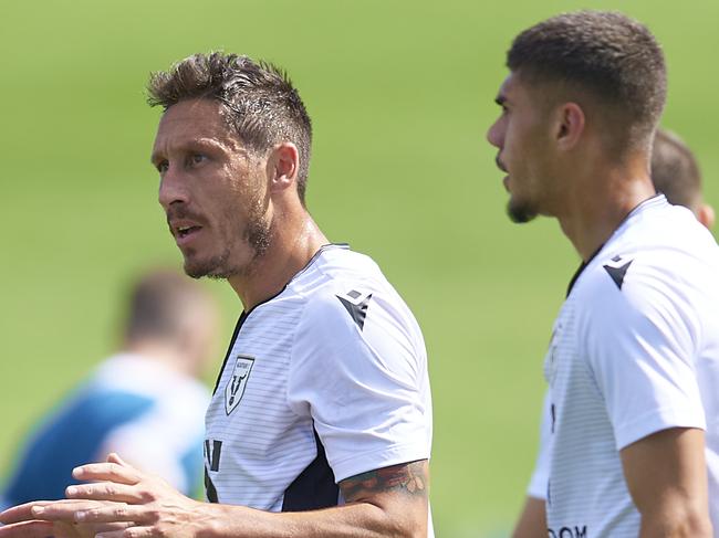 SYDNEY, AUSTRALIA - NOVEMBER 14: Mark Milligan of Macarthur FC warms up with team mates during a Macarthur FC trial match at Campbelltown Sports Stadium on November 14, 2020 in Sydney, Australia. (Photo by Brett Hemmings/Getty Images)