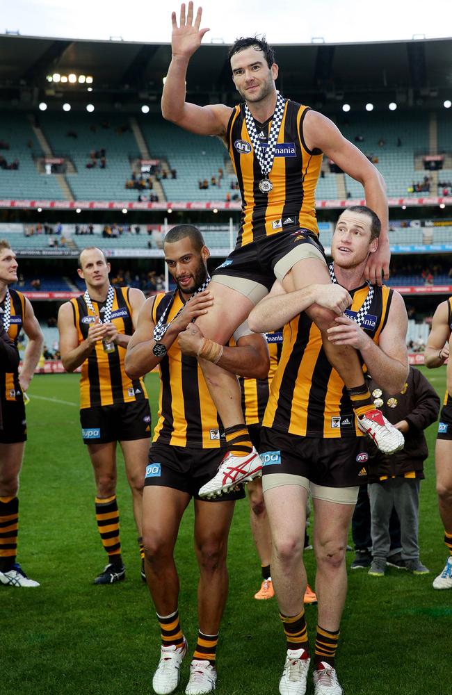 Lewis chaired off after his 200th AFL game. Picture: Colleen Petch