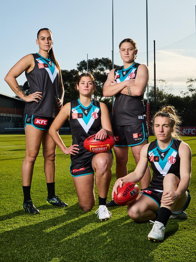 Houghton, left, with teammates Julia Teakle, Abbey Dowrick and Maria Moloney at Alberton Oval Picture: Matt Loxton