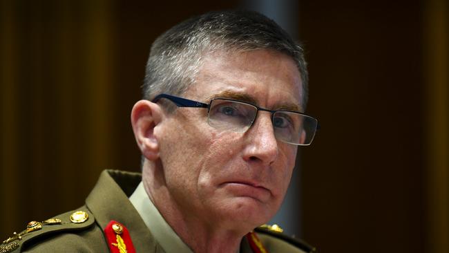 Chief of the Australian Defence Force (ADF) General Angus Campbell speaks during Senate Estimates at Parliament House in Canberra, Tuesday, June 1, 2021. (AAP Image/Lukas Coch) NO ARCHIVING